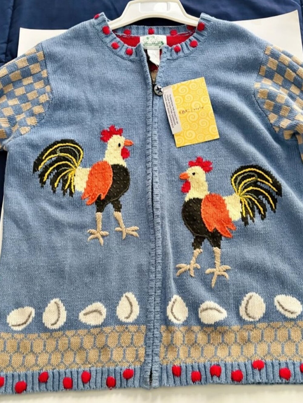 Vintage Quacker Factory Blue Checkered Rooster Knit Jacket